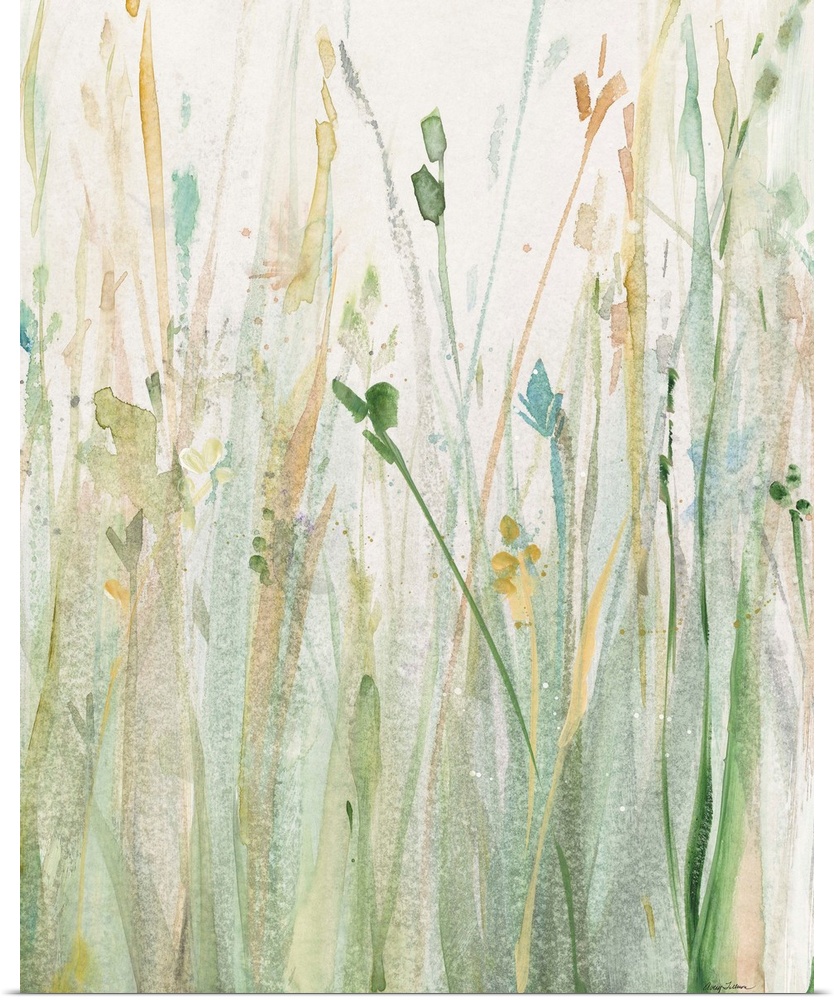 Large watercolor painting of tall, Spring grass in shades of green, yellow, and blue.