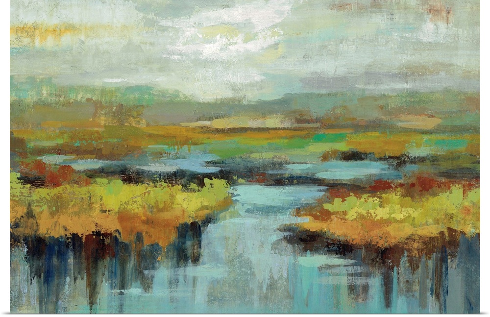 Contemporary painting of a marshland in a dreary atmosphere.