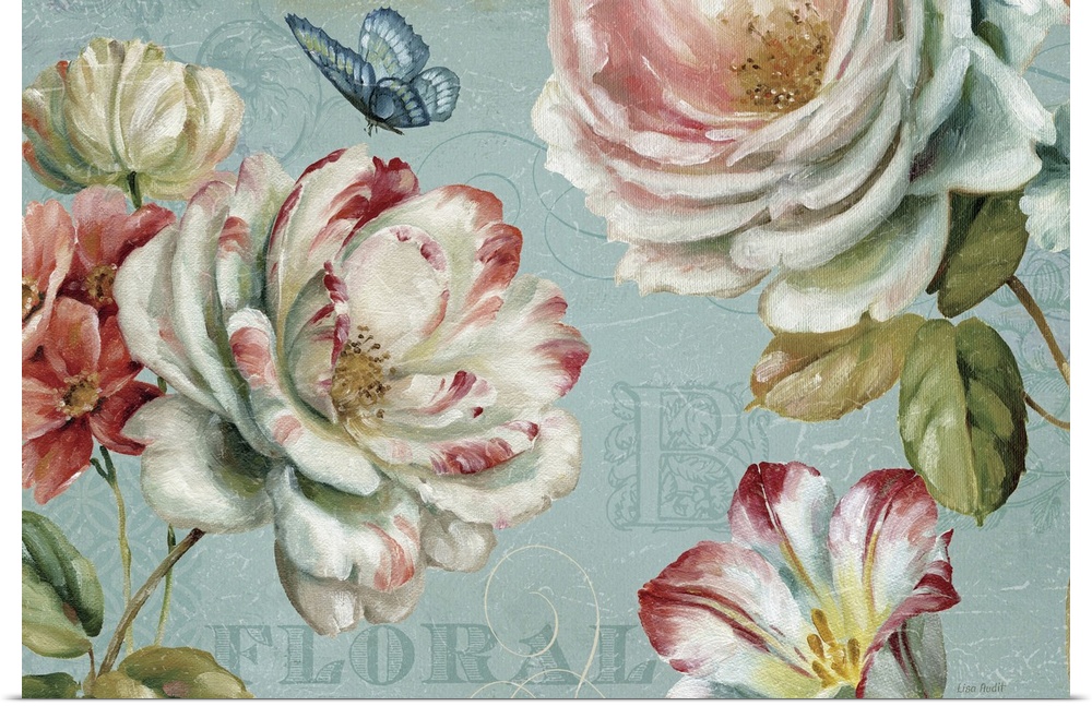 Horizontal painting on canvas of flowers with a butterfly fluttering above them and text layered in the background.