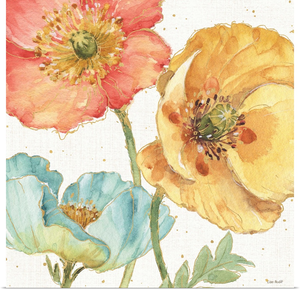 Contemporary painting of bright blooming flowers in light blue, yellow, and red.