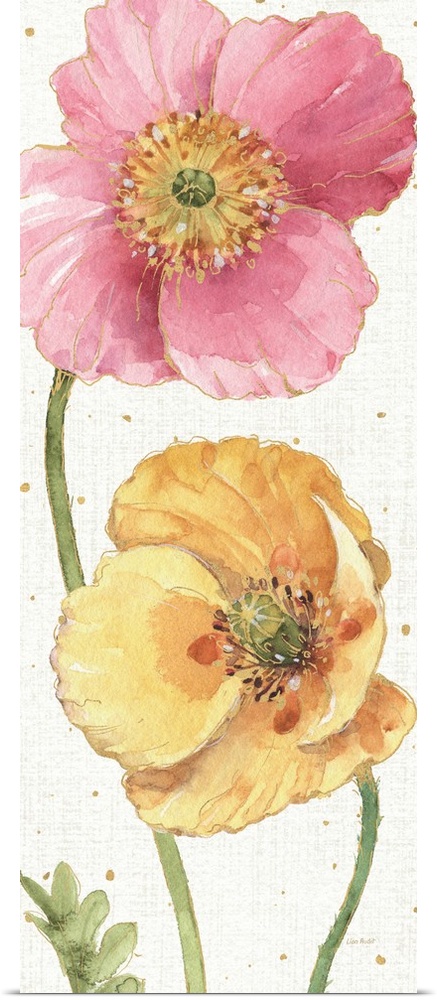 Contemporary painting of bright blooming flowers in pink and yellow.