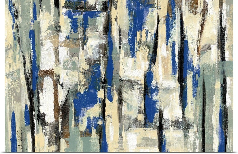 Large abstract painting with layers of blue, tan, white, gold, and black hues.