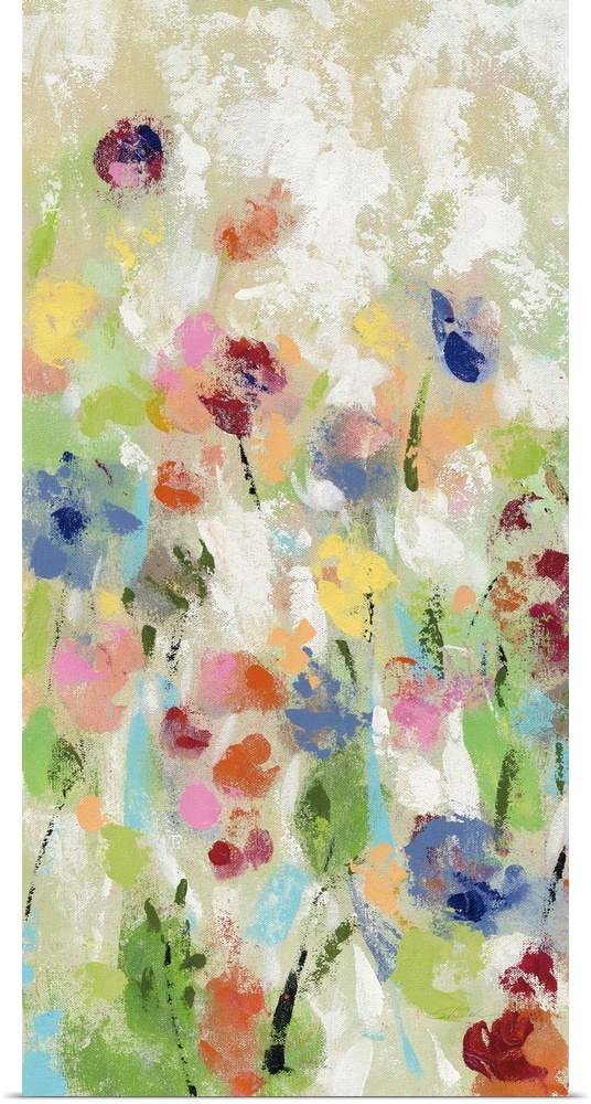 Contemporary abstract floral artwork with an abundance of bright color and flair.
