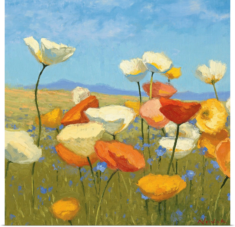 Contemporary painting of flowers in a green field, with a blue sky above.