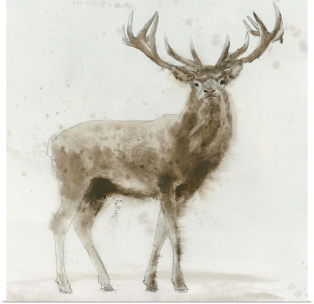 Contemporary painting of a stag against an off white background.