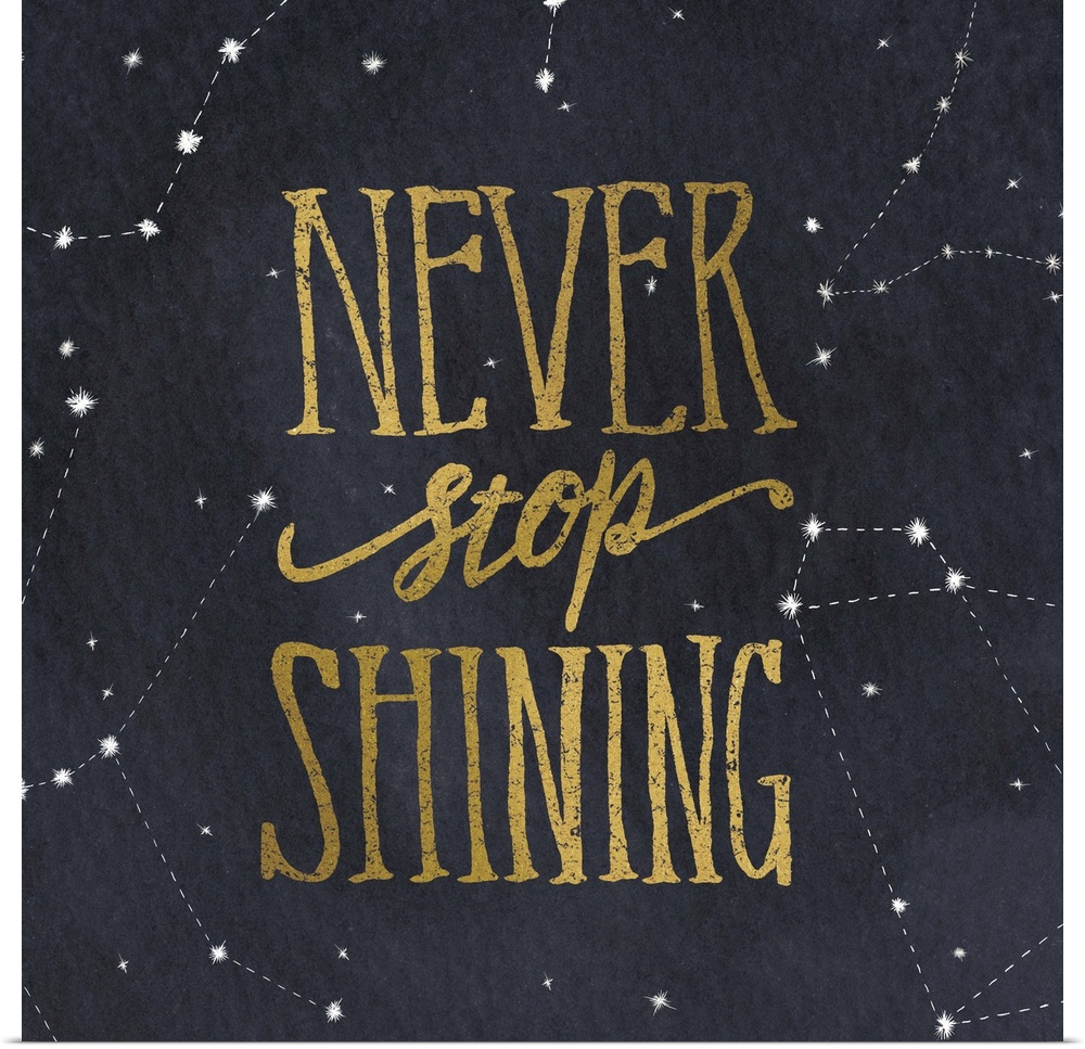 Handlettered text in gold over a night sky full of constellations.