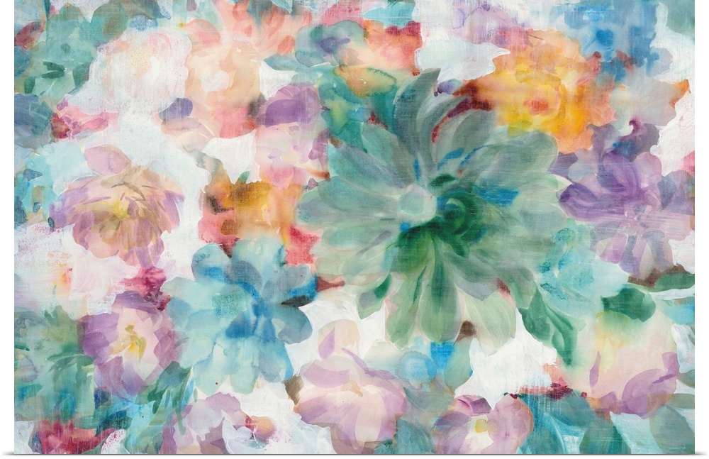 Abstract painting of a mixture of flowers and succulents  on a white background.