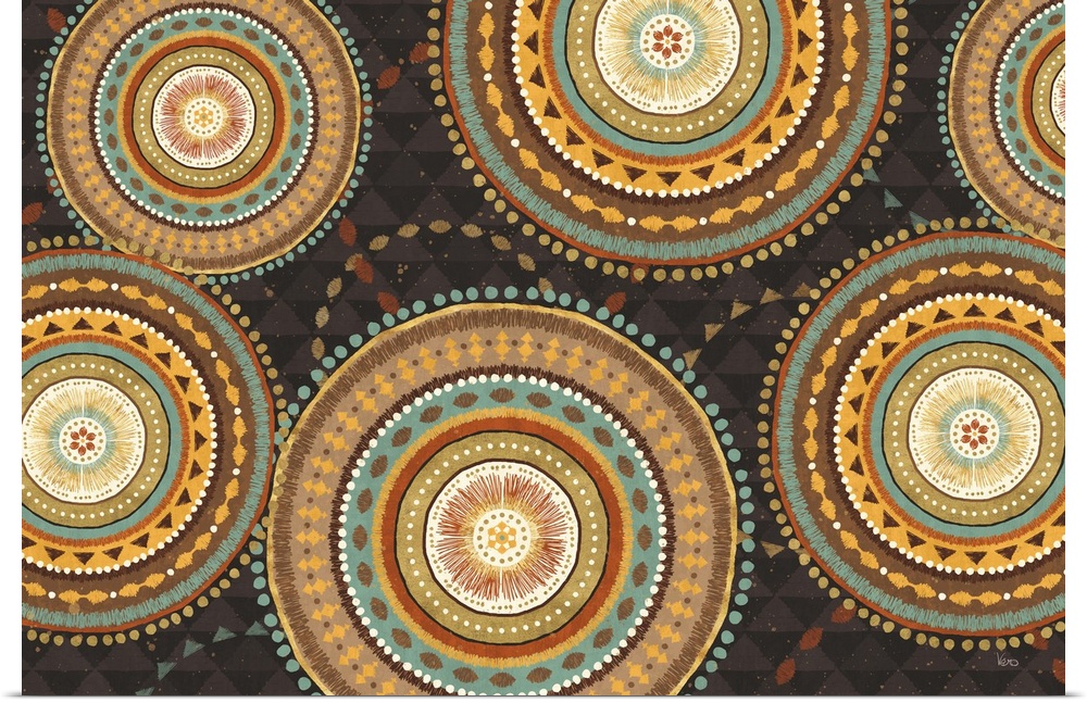 A decorative design of multi-colored patterned medallions in warm earth tones on a triangle pattern background.