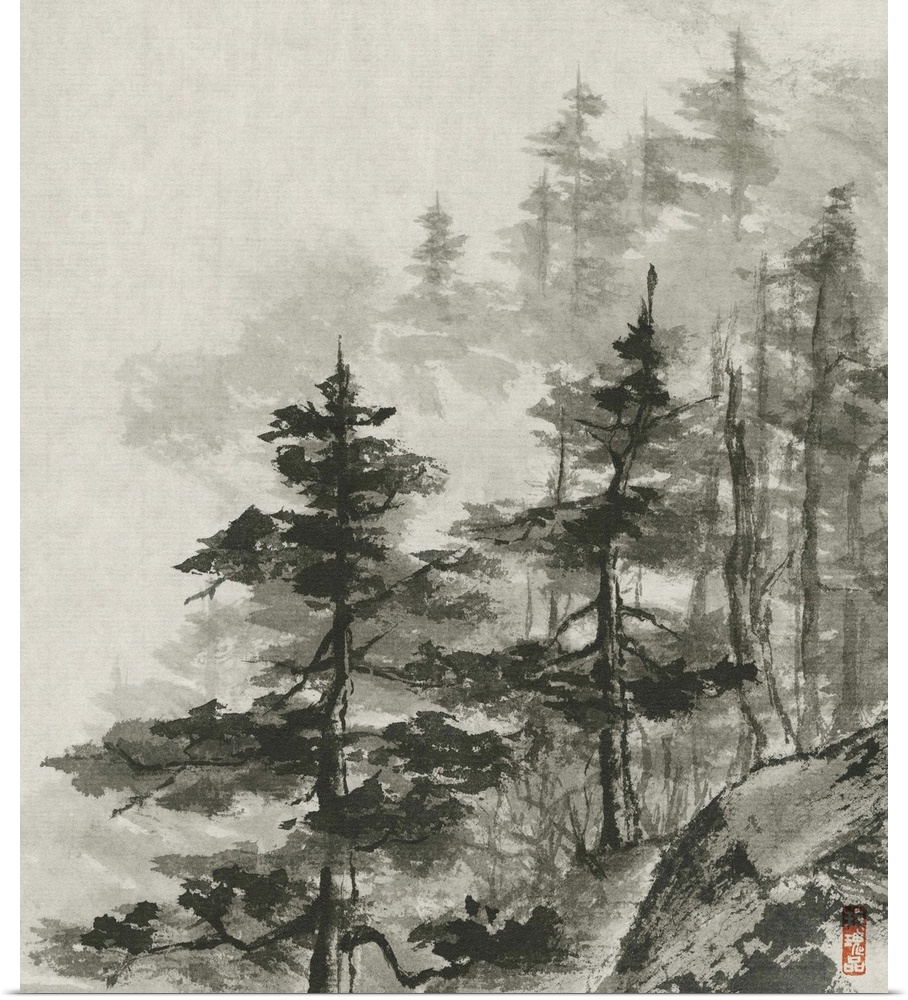 Contemporary ink painting of a forest shrouded in fog.