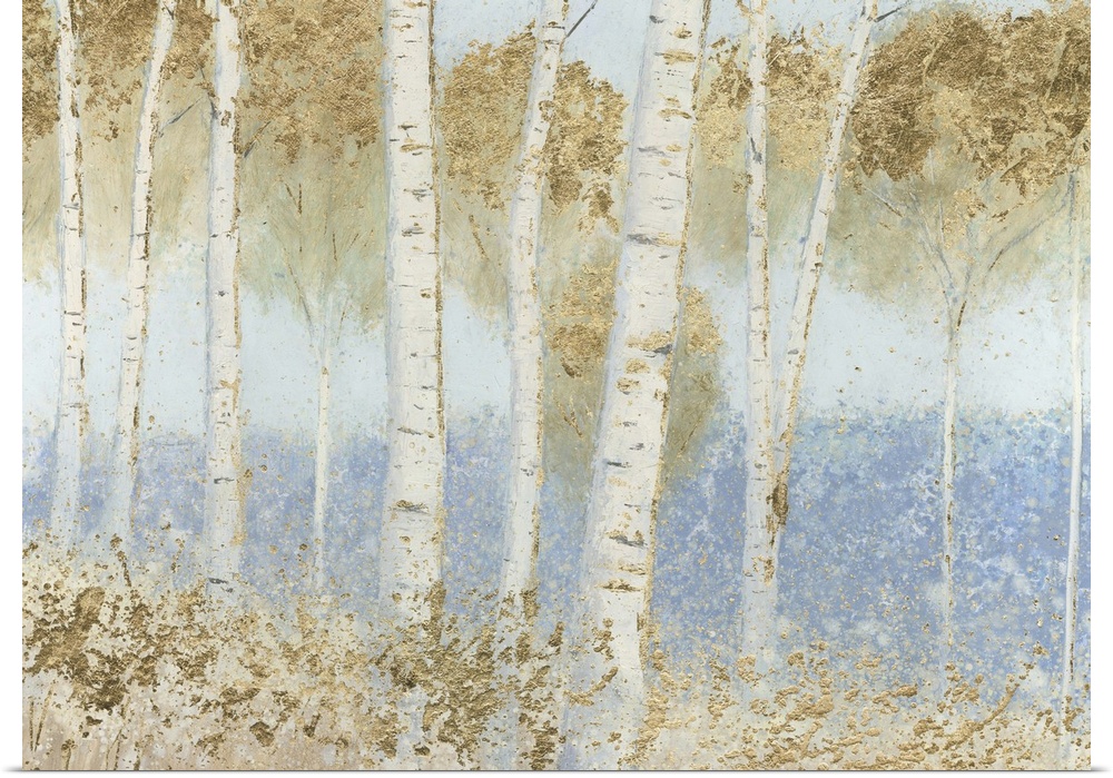 Contemporary painting of a woodland scene of birch trees in a forest.