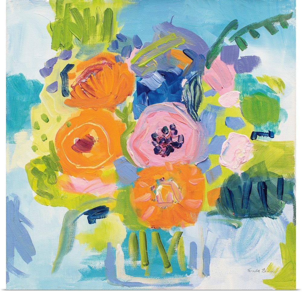 Square painting of a bouquet of abstract Summer flowers in a vase on a background in shades of blue and white.