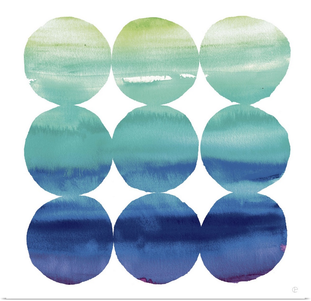 Nine watercolor circles in blue and green tones.