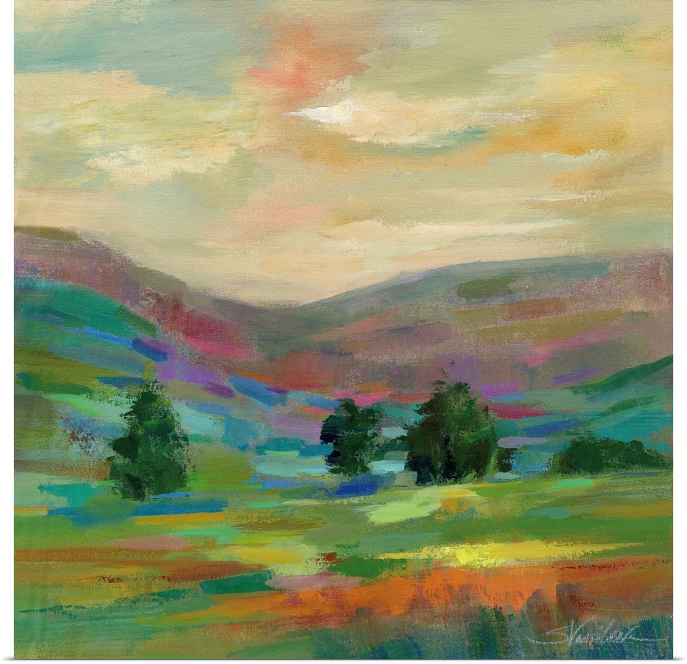 Contemporary artwork of a hilly landscape with a few trees.