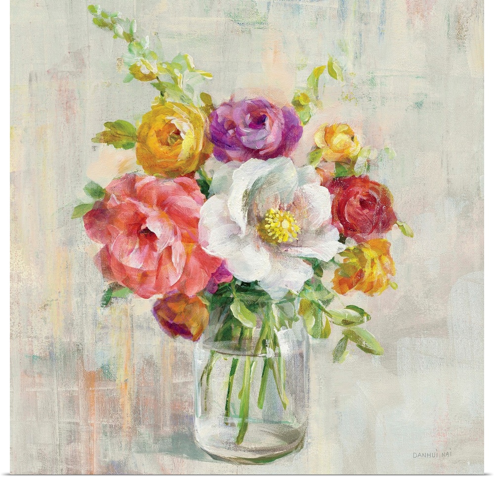 Contemporary home decor artwork of a bouquet of colorful flowers in a mason jar.