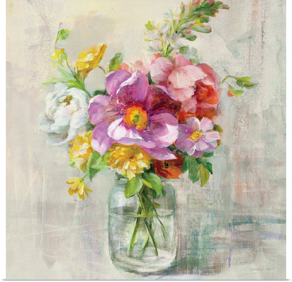 Contemporary home decor artwork of a bouquet of colorful flowers in a mason jar.