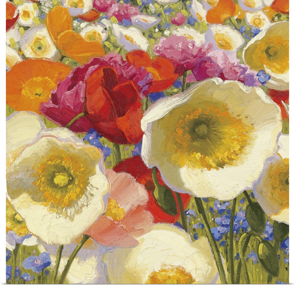 Large and colorful flowers are drawn grouped together with pops of small blue flowers throughout.
