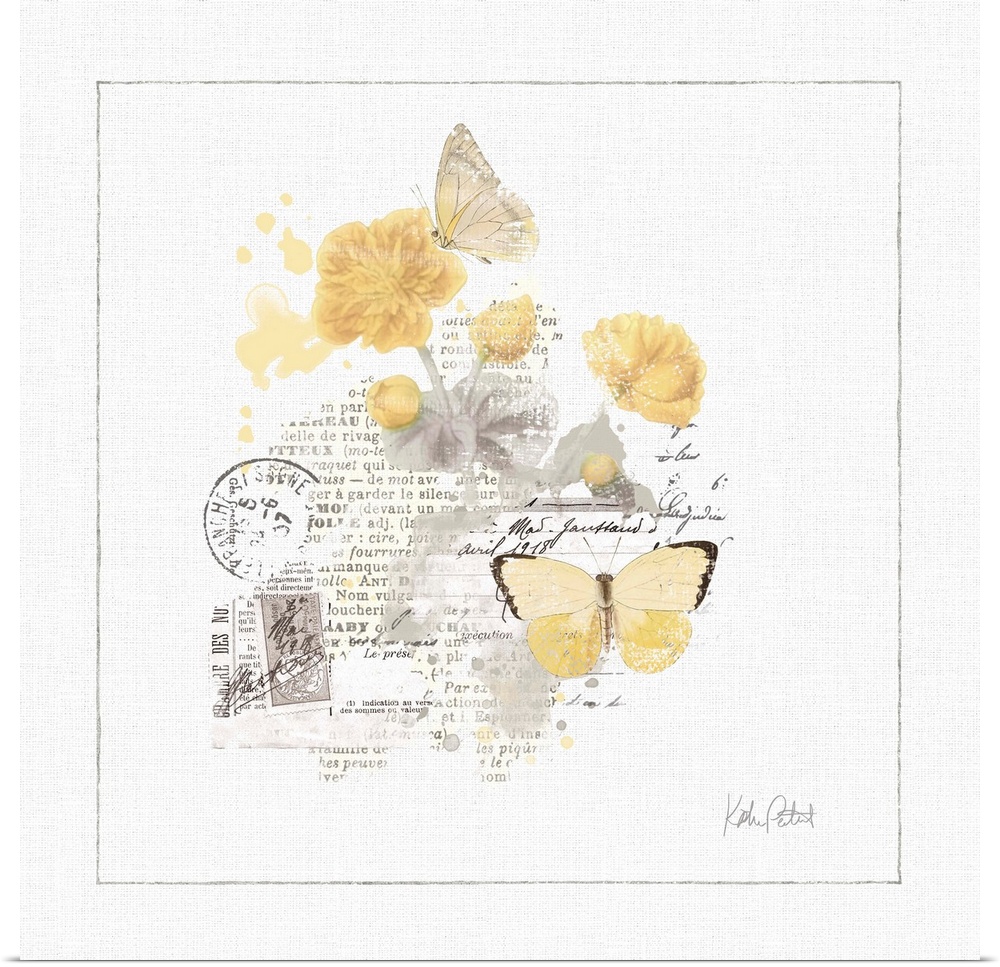 Square watercolor painting with a yellow butterfly and flowers and a collage of black text and postage stamps in the backg...