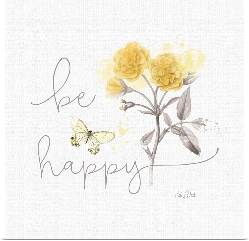 Square watercolor painting of yellow daffodils and a butterfly with the phrase "be happy" written in cursive.