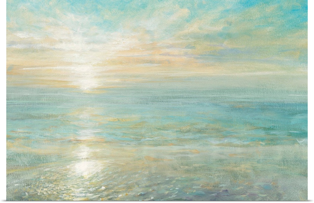 Contemporary artwork of the sun rising over a calm ocean.