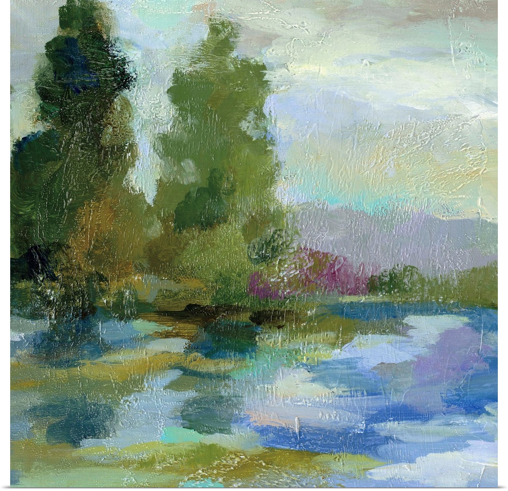 Contemporary painting of a lake with tall trees on the shore.