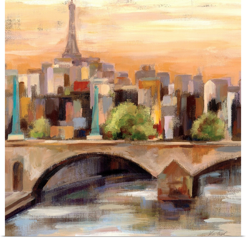 Contemporary painting of a city skyline with a bridge in the foreground.