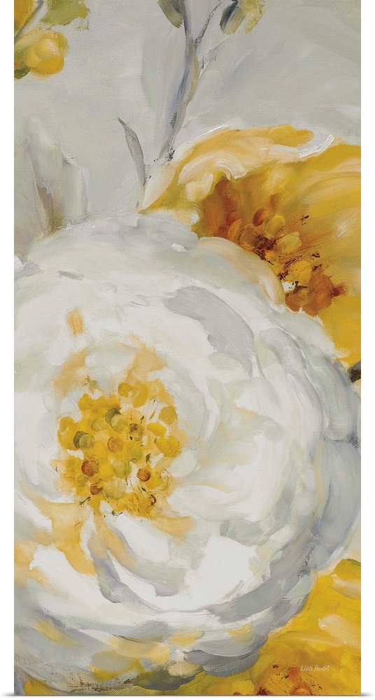 Vertical contemporary painting of large yellow and white flowers against a gray backdrop.
