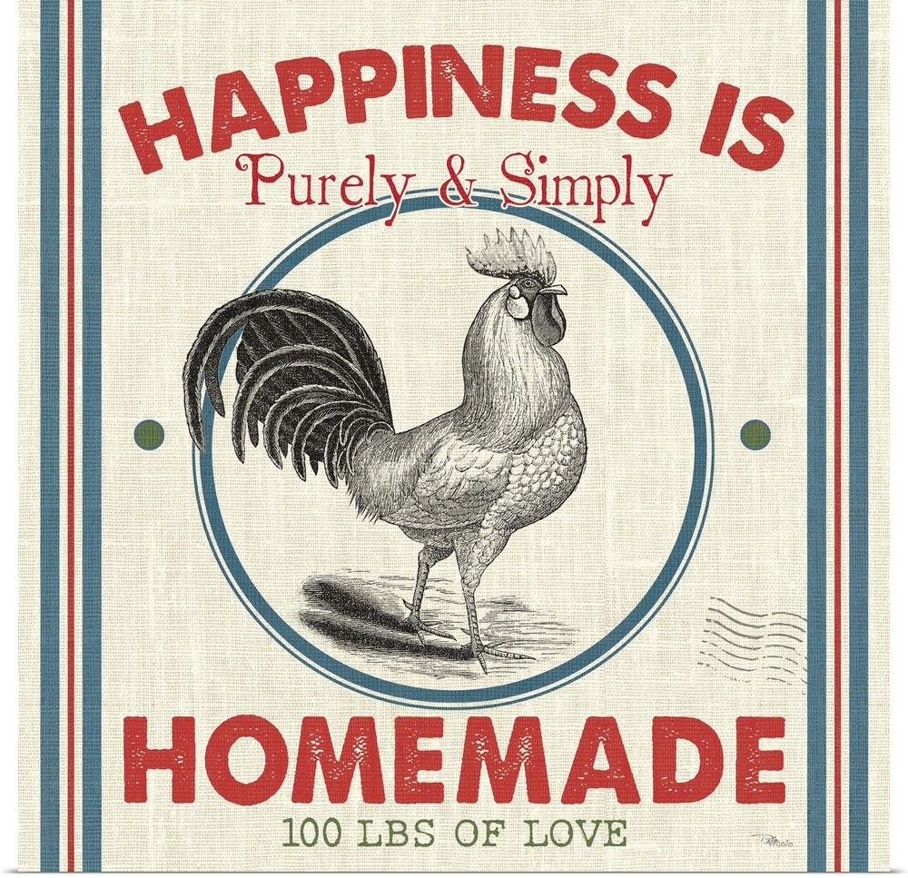 A square decorative design resembling a vintage feed sack with an illustration of a rooster and the text "Happiness Is Pur...