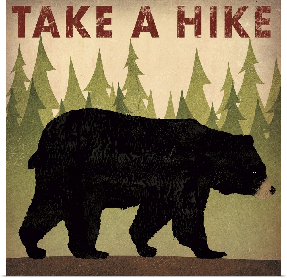 Contemporary cabin decor artwork of a black bear sign for hiking.