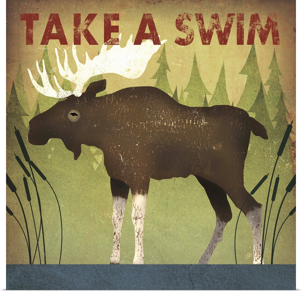 Contemporary cabin decor artwork of a moose sign for swimming.
