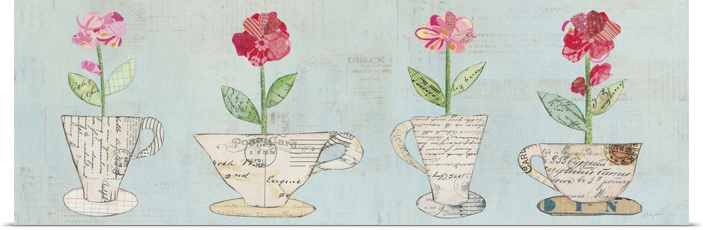 Wide rectangular decorative artwork with teacups and coffee mugs that have flowers inside them created with mixed media.