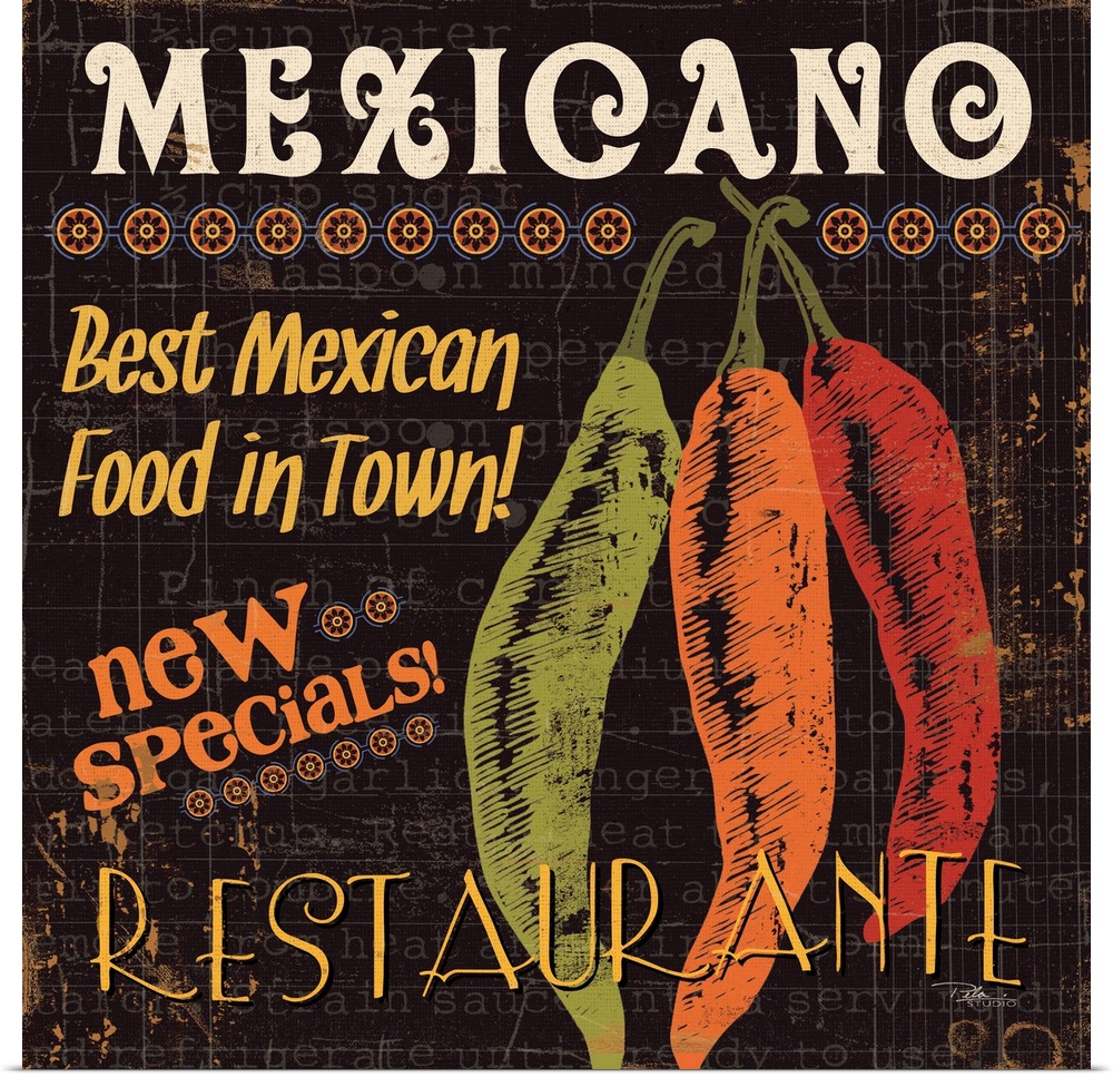 Contemporary artwork of a rustic looking food sign with chili peppers to the right of the image, and text all around.