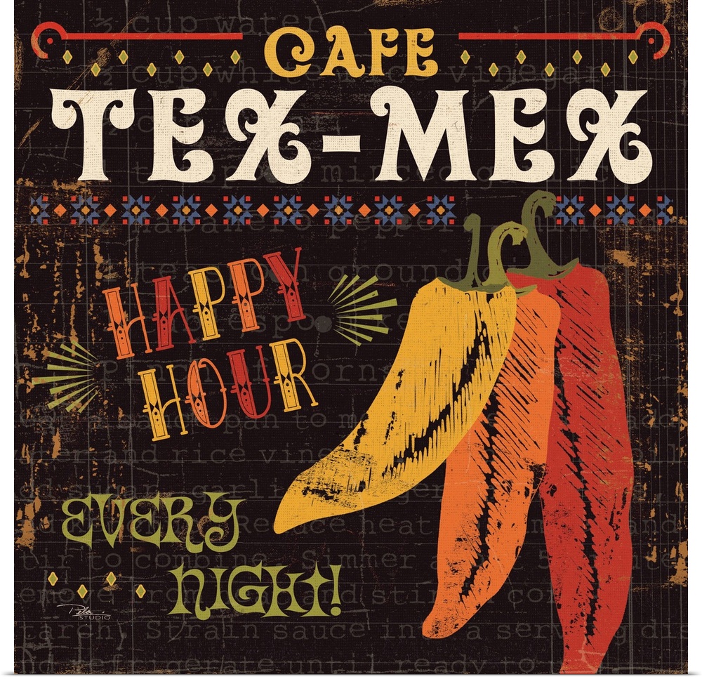 Contemporary artwork of a rustic looking food sign with chili peppers to the right of the image, and text all around.