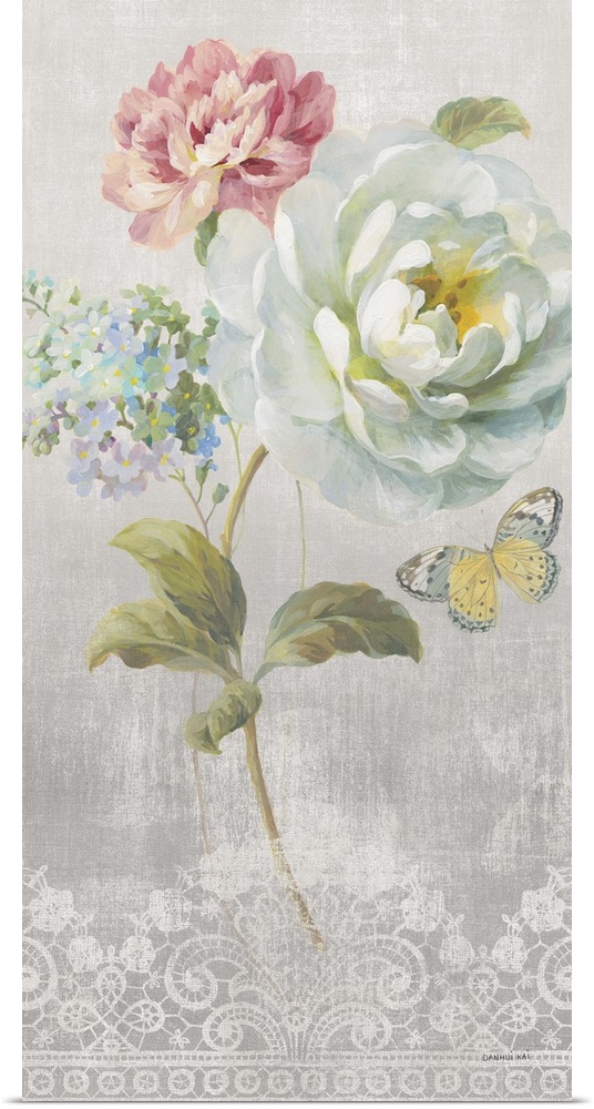 Contemporary artwork of soft flowers against a gray and ornately patterned background.