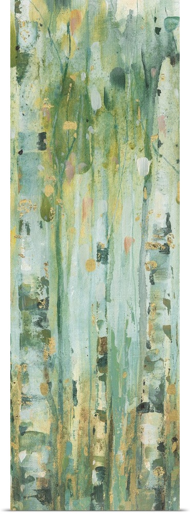 Tall and skinny vertical contemporary abstract painting with lines of green, blue, yellow, and gold hues running verticall...