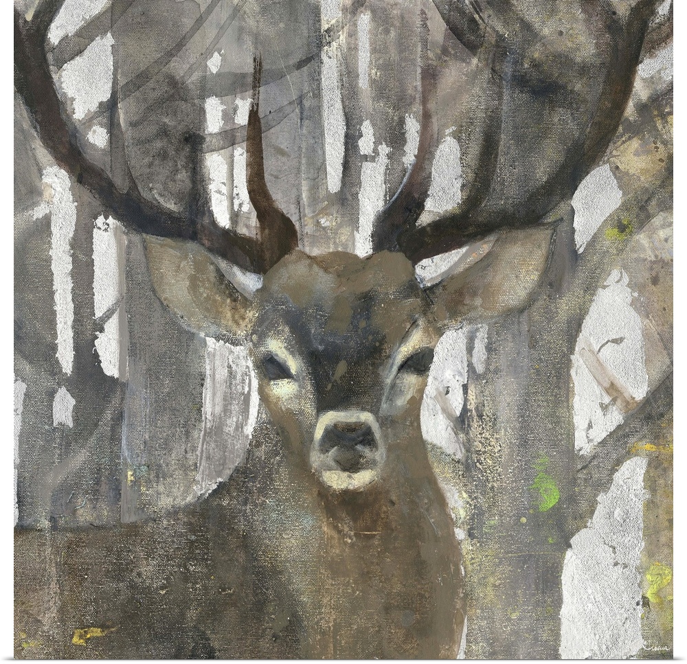 Contemporary artwork of a stag in a forest.