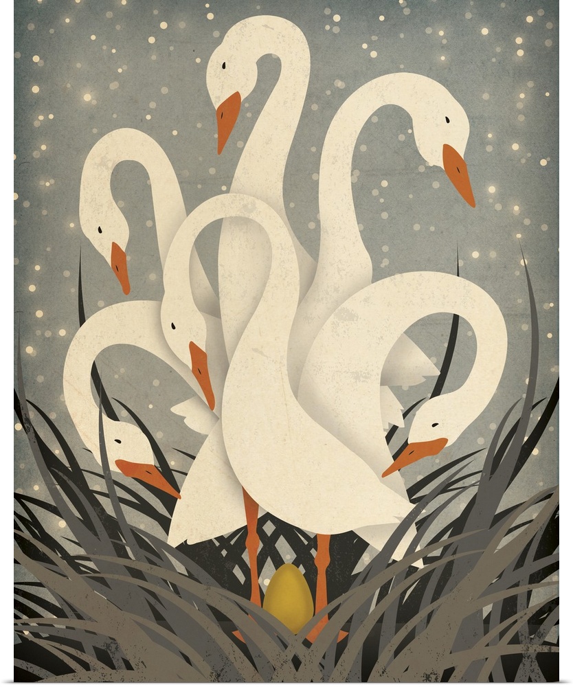 A heartwarming modern folk-art image of six white geese all looking at a golden egg in the nest beneath them - a modern in...