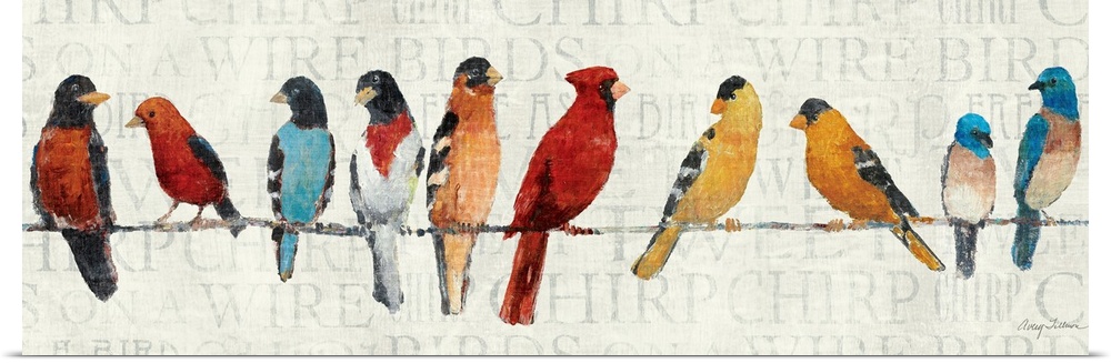 This panoramic shaped painting shows North American birds lined up while perched on a thin line.