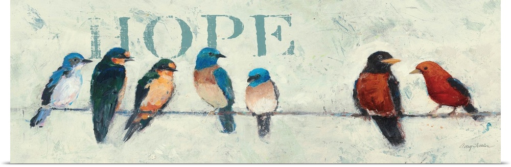 Contemporary artwork of garden birds perched on a wire, with the word "Hope" in the background.