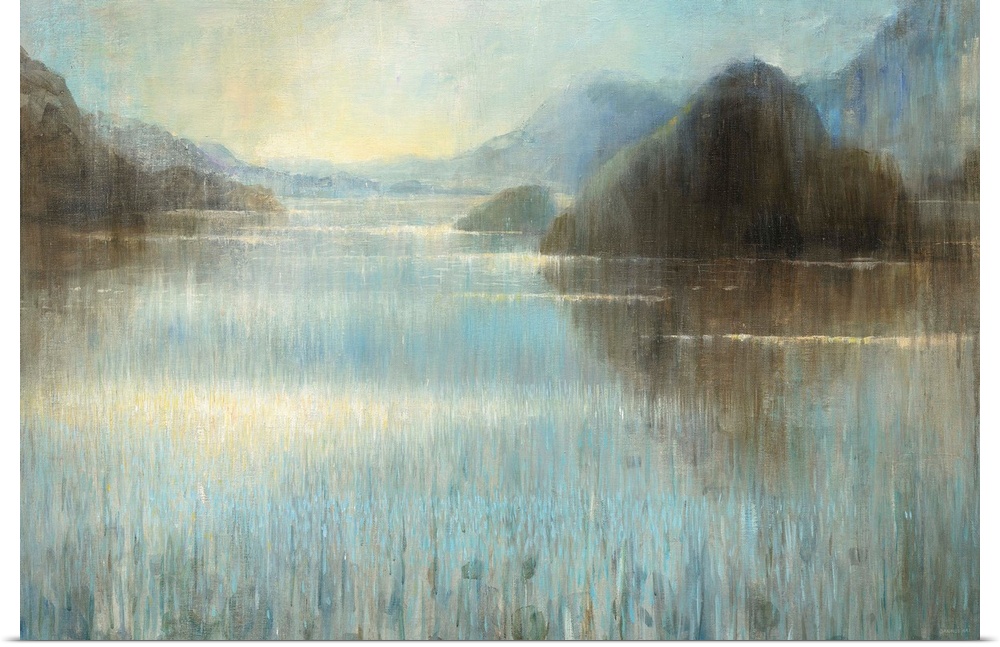 Large abstract painting of a misty lake landscape with large rocks.
