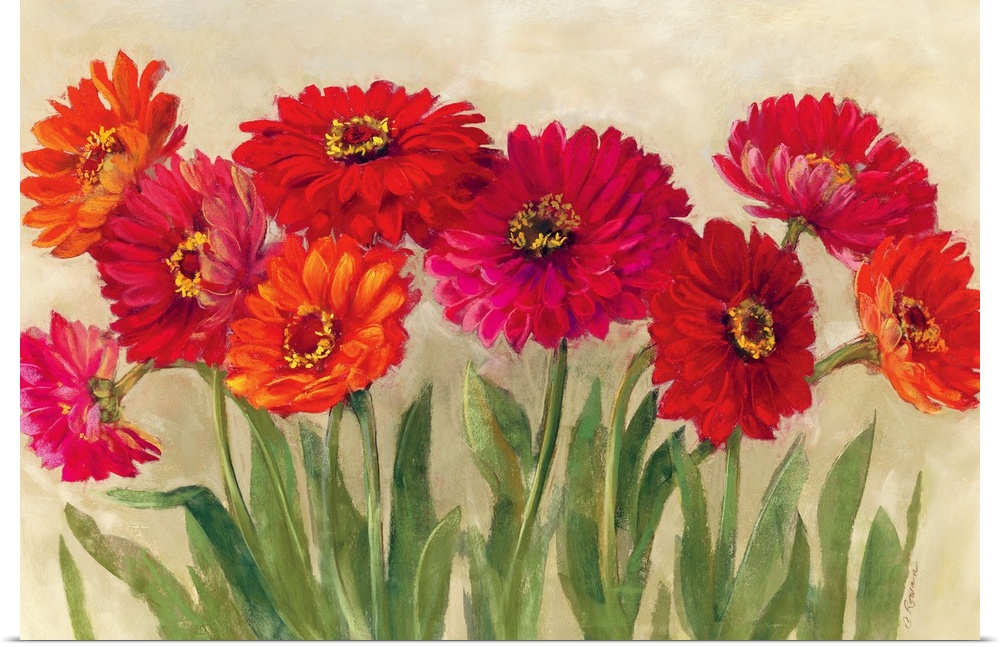 Giant floral art shows an arrangement of nine vividly colored daisies positioned in front of a bare background.