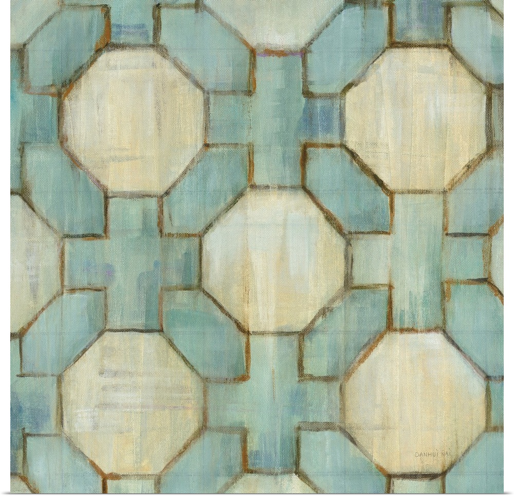 Square abstract painting of a tiled design made up of hexagons and crosses with beige and teal hues.