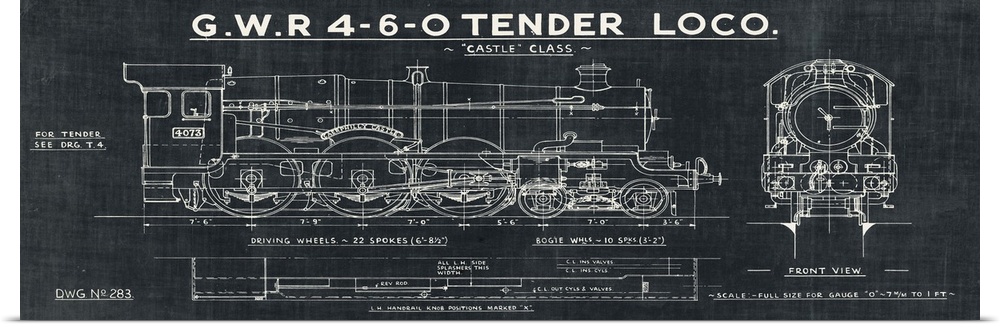 Vintage stylized blueprint of a train displaying side and front view.