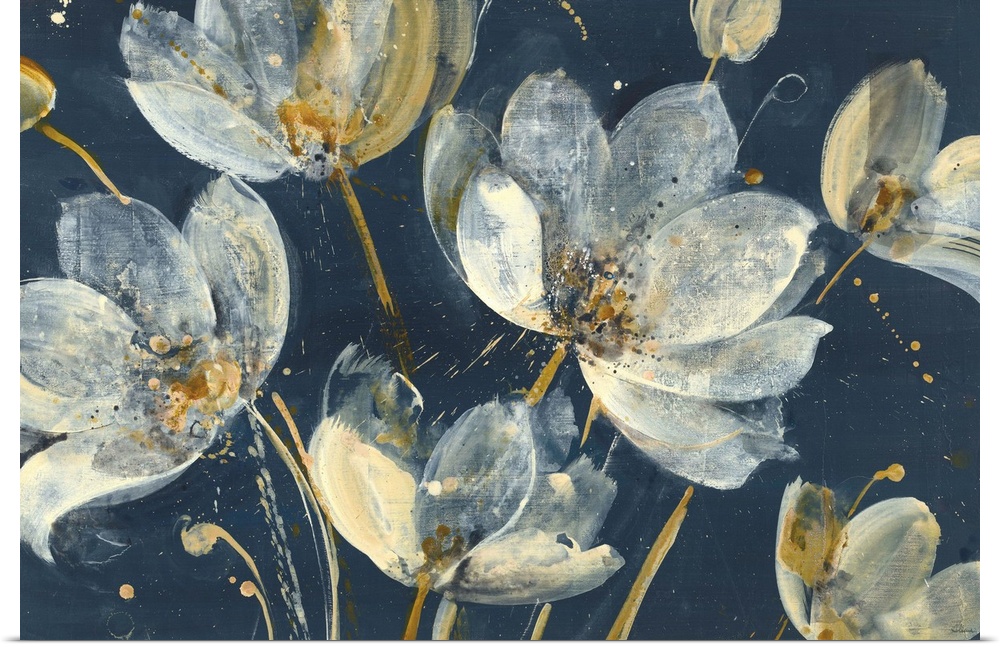 Large abstract painting of white and gold flowers on a dark blue background.