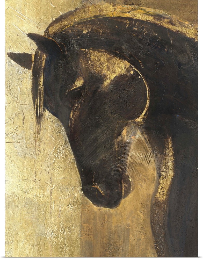 A contemporary painting of a horse portrait in gold and black.