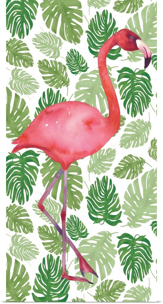 Contemporary painting of a flamingo against a patterned background of tropical leaves.