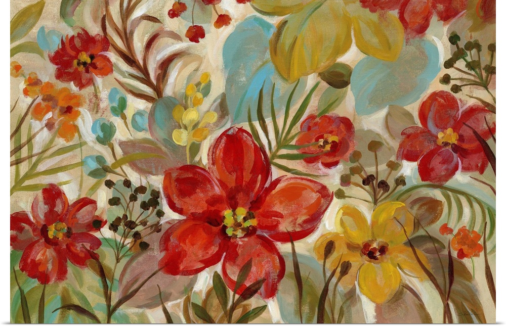 Contemporary painting of tropical flowers on a beige background.