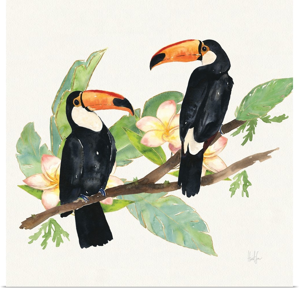 Square watercolor painting of two toucans on a branch with green tropical leaves and pink orchids.