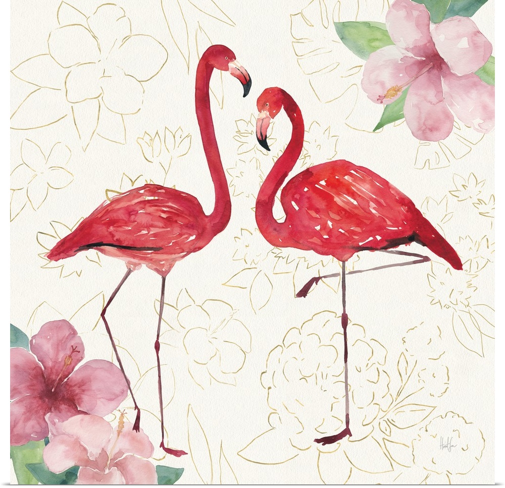 Square watercolor painting of two flamingos with hibiscuses in the corners on a white textured background with metallic go...