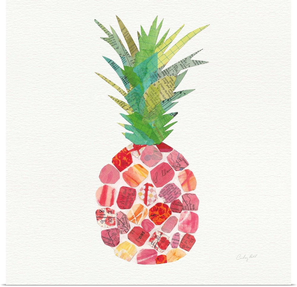 Square decor with a warm toned pineapple created with mixed media on a white background.