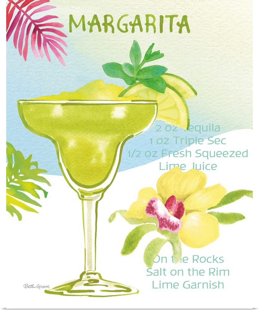 Decorative artwork of a Margarita cocktail with tropical decorations and the ingredients written on the side.